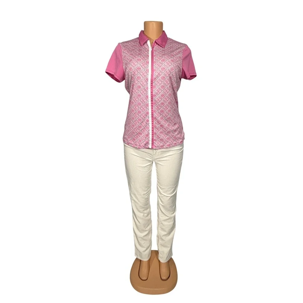 PGA Tour Womens Pink Geometric Tile Print Quarter‎ Zip Golf Polo Shirt Size M